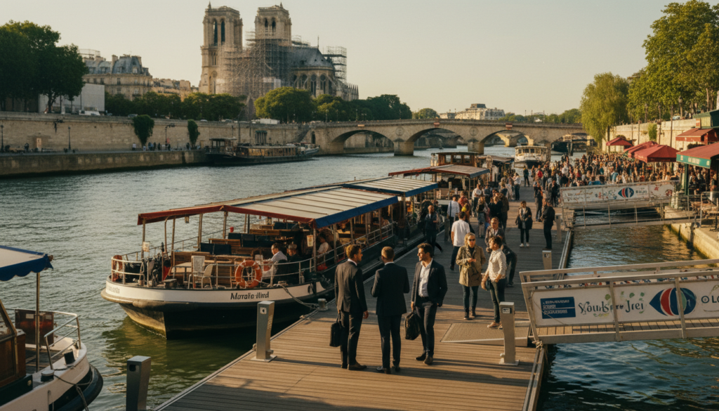 A scenic view capturing departure points and boarding locations along the Seine River in Paris, focusing on the bustling atmosphere of tourists and locals preparing for boat tours. In the foreground, elegant wooden docks with stylish boarding platforms and signage, some visitors in professional business attire chatting animatedly. The middle ground showcases classic Parisian boats with colorful awnings, gently bobbing on the serene water, while a backdrop of iconic Parisian architecture, including the Notre Dame and quaint cafés lining the riverbank, sets the scene. The image is illuminated with warm, golden hour lighting casting gentle reflections on the water, enhancing the charming mood of a leisurely tour day. Shot with a wide-angle lens to encompass the dynamic scenery in stunning 8k resolution, highlighting intricate textures and details. A scenic view capturing departure points and boarding locations along the Seine River in Paris, focusing on the bustling atmosphere of tourists and locals preparing for boat tours. In the foreground, elegant wooden docks with stylish boarding platforms and signage, some visitors in professional business attire chatting animatedly. The middle ground showcases classic Parisian boats with colorful awnings, gently bobbing on the serene water, while a backdrop of iconic Parisian architecture, including the Notre Dame and quaint cafés lining the riverbank, sets the scene. The image is illuminated with warm, golden hour lighting casting gentle reflections on the water, enhancing the charming mood of a leisurely tour day. Shot with a wide-angle lens to encompass the dynamic scenery in stunning 8k resolution, highlighting intricate textures and details.