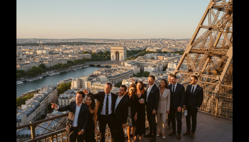 Wani kyakkyawan kallo daga saman Hasumiyar Eiffel, wanda ke nuna kyakkyawan yanayin birnin Paris wanda ke cike da hasken sa'o'i na zinariya. A gaba, wasu gungun masu yawon bude ido sanye da kayan kasuwanci na ƙwararru suna kallon birnin, suna nuna wuraren tarihi suna kuma raba farin ciki. Tsakiyar filin yana nuna gine-ginen Hasumiyar Eiffel mai rikitarwa, tare da cikakkun bayanai na ƙarfe da aka haskaka ta hanyar hasken silima mai laushi wanda ke fitar da inuwa mai laushi, yana haɓaka yanayin ginin. A bango, an buɗe kallon Paris mai ban mamaki, tare da gine-gine masu ban sha'awa kamar Arc de Triomphe da Kogin Seine. Yanayi yana da haske da kuzari, yana cike da farin cikin wata tafiya mai tsayi a tsakiyar birnin Paris, duk an nuna su da ƙudurin 8k mai cikakken bayani. Wani kyakkyawan kallo daga saman Hasumiyar Eiffel, wanda ke nuna kyakkyawan yanayin birnin Paris wanda ke cike da hasken sa'o'i na zinariya. A gaba, wasu gungun masu yawon bude ido sanye da kayan kasuwanci na ƙwararru suna kallon birnin, suna nuna wuraren tarihi suna kuma raba farin ciki. Tsakiyar filin yana nuna gine-ginen Hasumiyar Eiffel mai rikitarwa, tare da cikakkun bayanai na ƙarfe da aka haskaka ta hanyar hasken silima mai laushi wanda ke fitar da inuwa mai laushi, yana haɓaka yanayin ginin. A bango, an buɗe kallon Paris mai ban mamaki, tare da gine-gine masu ban sha'awa kamar Arc de Triomphe da Kogin Seine. Yanayi yana da haske da kuzari, yana cike da farin cikin wata tafiya mai tsayi a tsakiyar birnin Paris, duk an nuna su da ƙudurin 8k mai cikakken bayani.