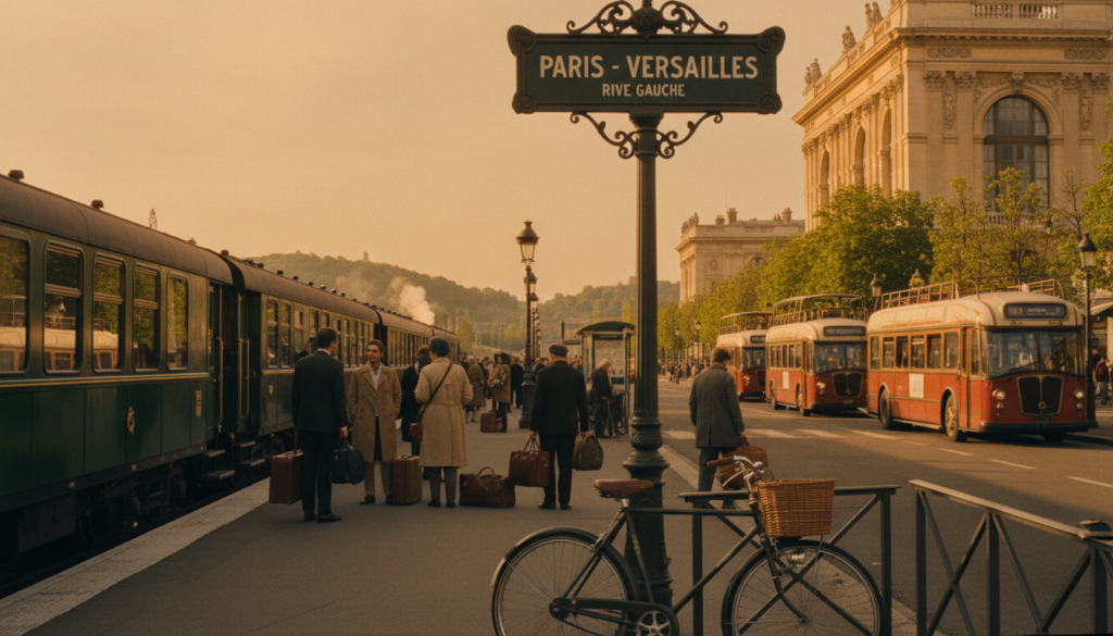 A scenic view illustrating various transportation options from Paris to Versailles, featuring a vintage Parisian train arriving at a bustling station, with travelers in professional attire and modest casual clothing waiting with luggage. In the foreground, a detailed depiction of a classic bicycle parked beside an ornate train station sign. The middle ground captures a busy bus stop with elegant French buses, le Musée de l'Orangerie visible in the background. Golden hour lighting casts a warm glow, enhancing the textures of the historical architecture and the vibrant colors of the scenery. The atmosphere evokes a sense of anticipation and excitement for the journey from the city to the royal gardens, rendered in high-resolution 8k for clarity and depth. A scenic view illustrating various transportation options from Paris to Versailles, featuring a vintage Parisian train arriving at a bustling station, with travelers in professional attire and modest casual clothing waiting with luggage. In the foreground, a detailed depiction of a classic bicycle parked beside an ornate train station sign. The middle ground captures a busy bus stop with elegant French buses, le Musée de l'Orangerie visible in the background. Golden hour lighting casts a warm glow, enhancing the textures of the historical architecture and the vibrant colors of the scenery. The atmosphere evokes a sense of anticipation and excitement for the journey from the city to the royal gardens, rendered in high-resolution 8k for clarity and depth.