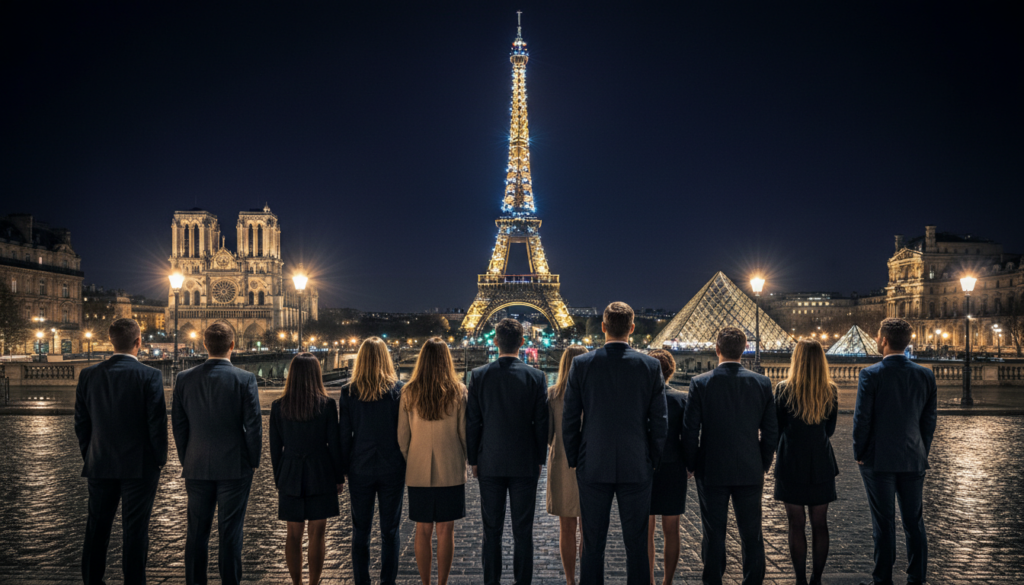 A scenic view of Paris at night, featuring an English walking tour group in the foreground, clad in professional business attire. The group is admiring the illuminated Eiffel Tower, which sparkles against the dark sky. Surrounding them are iconic Parisian monuments like the Notre-Dame Cathedral and the Louvre, all beautifully lit. The middle ground showcases charming cobblestone streets glistening from recent rain, with vintage street lamps casting a warm glow. In the background, the Seine River reflects the shimmering lights of the city, adding to the ambiance. The image is captured in rich detail and cinematic lighting, emphasizing the vibrant nightlife of Paris. Shot at an angle to create depth, with a focus on textures, in stunning 8k resolution.