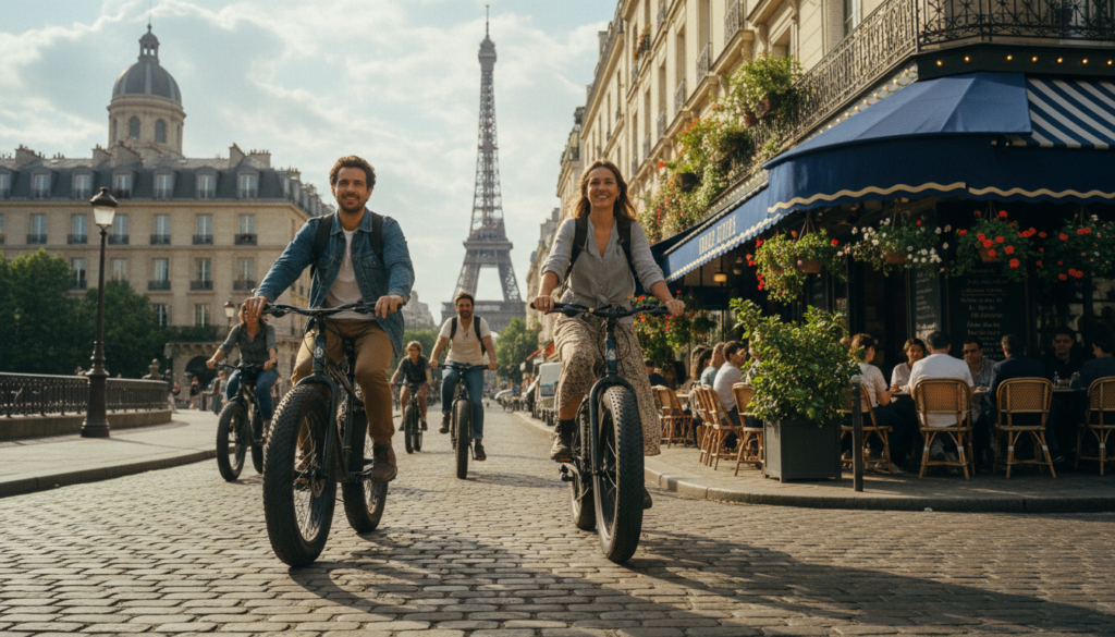 A scenic view of a Paris street featuring a group of adventurous tourists on fat bikes, showcasing their enhanced stability on cobblestone pathways. In the foreground, two riders, dressed in modest casual clothing, navigate the uneven surface with confident smiles, while a vibrant café is visible nearby, adding local charm. The middle ground displays a few more cyclists enjoying the ride, flanked by historic Parisian buildings, adorned with flowers and greenery, capturing the essence of the city. The background reveals iconic monuments like the Eiffel Tower peeking through the skyline. The image is captured in raw photography style with cinematic lighting, highlighting the glistening cobblestones and details of the fat bikes in 8k resolution, creating an inviting and adventurous atmosphere.