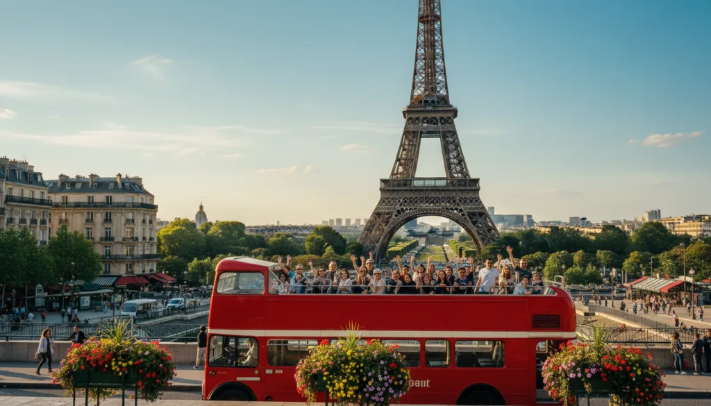 Une vue pittoresque d'un bus à impériale rempli de touristes joyeux, offrant un panorama exceptionnel sur Paris. Au premier plan, le bus est stationné devant l'emblématique Tour Eiffel, tandis que des fleurs éclatantes bordent le trottoir. Au second plan, on aperçoit l'architecture parisienne classique, avec ses charmants cafés et ses rues arborées, sous un ciel d'un bleu limpide qui évoque la douce lumière du soleil couchant. L'image capture l'essence même des visites quotidiennes de Paris, synonymes d'aventure et de découverte. Un éclairage cinématographique renforce l'atmosphère vivante, suscitant un sentiment d'émerveillement et d'enthousiasme. La photographie, d'une grande précision, révèle les textures du bus, de l'architecture et du paysage environnant, le tout dans une superbe résolution 8K.