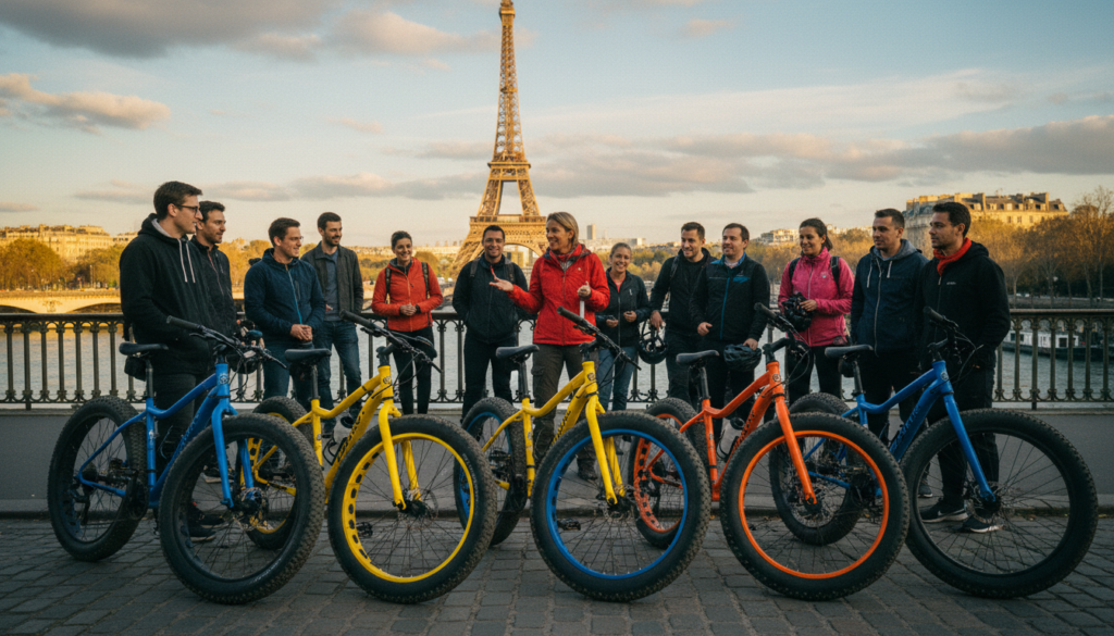 A scenic view of a fat bike tour in Paris designed for beginners, featuring a diverse group of people in modest casual clothing, attentively listening to a guide providing safety instructions. In the foreground, the brightly colored fat bikes are lined up, their distinctive oversized tires clearly visible. The middle ground shows the group gathered around the guide, with some participants wearing helmets and eager expressions. The background reveals iconic Parisian landmarks like the Eiffel Tower and charming streets, bathed in soft, cinematic lighting that enhances the atmosphere. The image showcases rich textures of the bikes and the surrounding scenery, captured in stunning 8k resolution, creating a welcoming and adventurous mood.