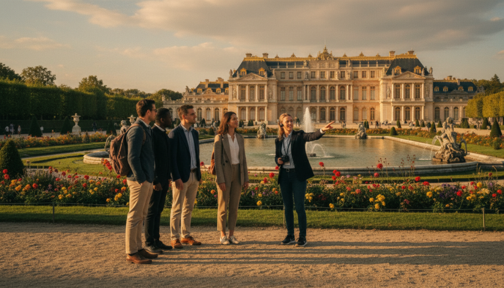 A scenic view of a full-day guided tour of Versailles from Paris, showcasing tourists exploring the magnificent gardens and the grand architecture of the palace. In the foreground, a diverse group of four individuals in smart casual attire, with a tour guide pointing towards the palace. In the middle, vibrant manicured gardens with blooming flowers, ornate fountains, and neatly trimmed hedges. The background features the iconic Palace of Versailles, bathed in warm, cinematic lighting during golden hour, creating a regal atmosphere. Capture the intricate textures of the palace façade and the lush greenery. Use an 8k resolution to emphasize detail, with a slight low-angle perspective to enhance the grandeur. A scenic view of a full-day guided tour of Versailles from Paris, showcasing tourists exploring the magnificent gardens and the grand architecture of the palace. In the foreground, a diverse group of four individuals in smart casual attire, with a tour guide pointing towards the palace. In the middle, vibrant manicured gardens with blooming flowers, ornate fountains, and neatly trimmed hedges. The background features the iconic Palace of Versailles, bathed in warm, cinematic lighting during golden hour, creating a regal atmosphere. Capture the intricate textures of the palace façade and the lush greenery. Use an 8k resolution to emphasize detail, with a slight low-angle perspective to enhance the grandeur.