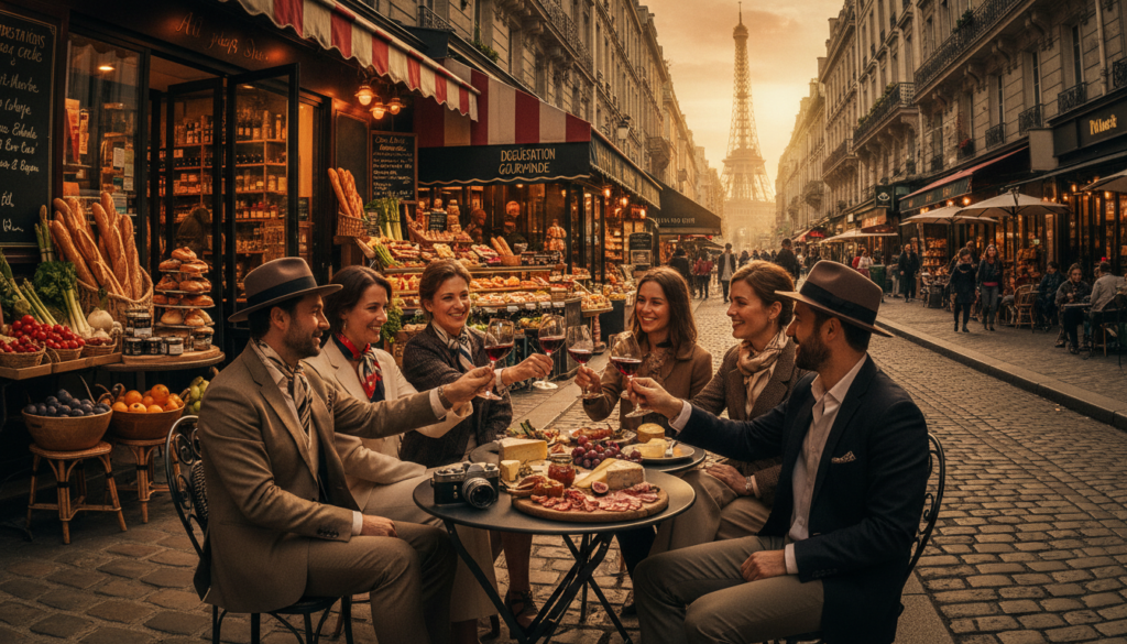 A scenic view of a gourmet food tour in Paris, showcasing a charming cobblestone street lined with quaint cafes and wine boutiques. In the foreground, a diverse group of elegantly dressed food enthusiasts savoring exquisite wine and artisanal cheeses at a small outdoor bistro table, their glasses filled with deep red and sparkling white wines. The middle ground features colorful displays of fresh, local produce and gourmet delicacies, such as crusty baguettes and decadent pastries. In the background, iconic Parisian architecture and the Eiffel Tower shimmering in the late afternoon sun. Soft, cinematic lighting casts warm tones over the scene, enhancing the inviting atmosphere of indulgence and discovery. The composition embodies a vibrant culinary adventure, presented in rich, highly detailed textures and 8k resolution. A scenic view of a gourmet food tour in Paris, showcasing a charming cobblestone street lined with quaint cafes and wine boutiques. In the foreground, a diverse group of elegantly dressed food enthusiasts savoring exquisite wine and artisanal cheeses at a small outdoor bistro table, their glasses filled with deep red and sparkling white wines. The middle ground features colorful displays of fresh, local produce and gourmet delicacies, such as crusty baguettes and decadent pastries. In the background, iconic Parisian architecture and the Eiffel Tower shimmering in the late afternoon sun. Soft, cinematic lighting casts warm tones over the scene, enhancing the inviting atmosphere of indulgence and discovery. The composition embodies a vibrant culinary adventure, presented in rich, highly detailed textures and 8k resolution.