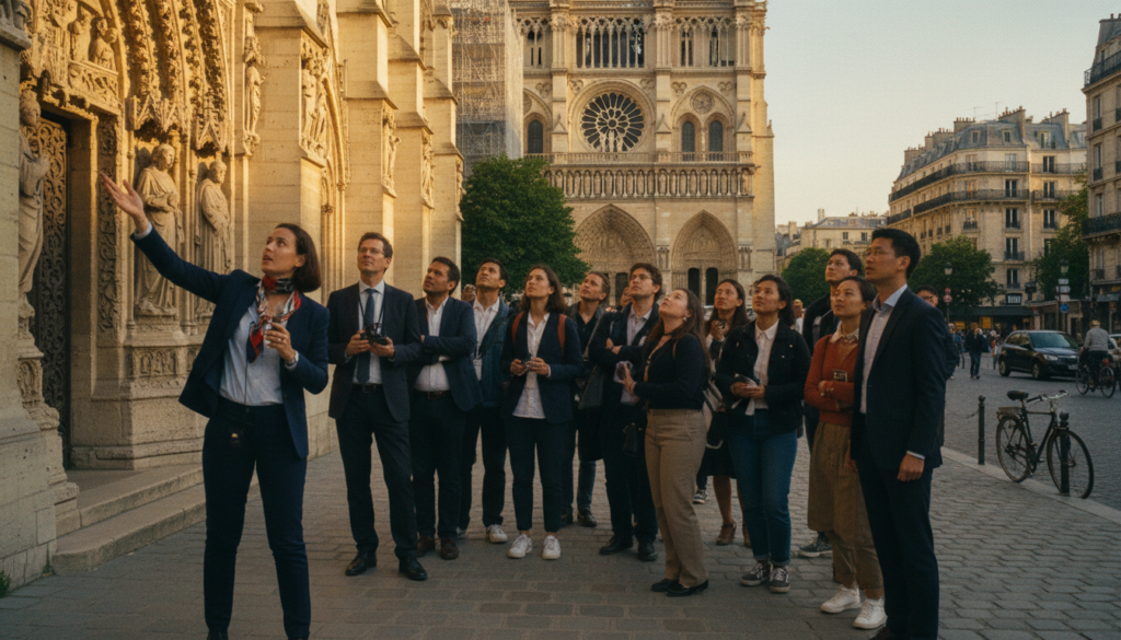 A scenic view of a guided English tour in Paris, showcasing a diverse group of tourists in professional business attire and modest casual clothing, gathered around an ornate historical monument, such as the Notre-Dame Cathedral. In the foreground, include a knowledgeable tour guide enthusiastically pointing to architectural details, surrounded by a small crowd of engaged listeners. The middle ground features majestic gothic architecture, with intricate stonework and flourishing greenery. In the background, capture charming Parisian streets bathed in warm, cinematic lighting, enhancing the rich textures of the buildings. The atmosphere is lively and educational, inviting viewers to feel immersed in the beauty of Paris's history and architecture. Render the scene in stunning 8k resolution, focusing on clarity and detail.