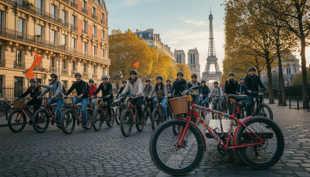A scenic view of a guided fat bike excursion in Paris, showcasing a diverse group of cyclists in modest casual clothing, with an emphasis on the vibrant charm of the city. In the foreground, a robust fat bike, adorned with colorful accessories, is positioned prominently, while riders navigate the picturesque streets lined with historic Parisian buildings. In the middle ground, lush trees and iconic landmarks like the Eiffel Tower and Notre-Dame Cathedral can be seen, with cyclists enjoying the ride. The background features a clear sky at golden hour, casting soft, cinematic lighting over the scene. Capture this in highly detailed textures with an 8k resolution, conveying a lively and adventurous atmosphere.