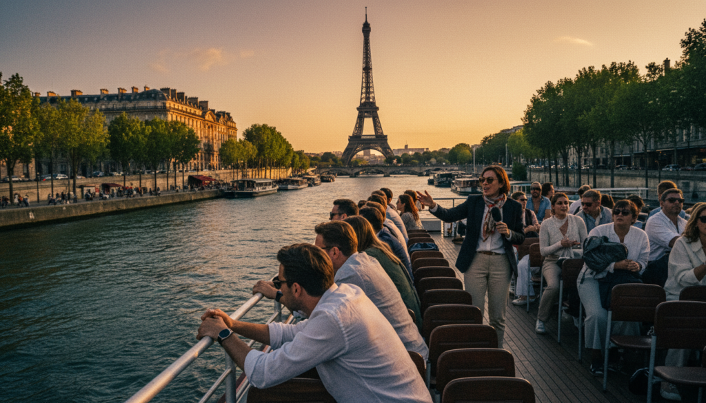 A scenic view of an English tour boat gliding along the Seine River in Paris, showcasing the iconic Eiffel Tower in the background. In the foreground, a group of tourists dressed in casual yet stylish clothing listens attentively to a tour guide pointing out landmarks. The middle ground features the elegant riverbanks lined with historic buildings and vibrant greenery. Cinematic lighting enhances the warm glow of a setting sun, casting soft reflections on the water's surface. Capture the mood of adventure and cultural immersion through rich textures and details, showcasing the joy of exploring Paris by boat. The image should be highly detailed, shot in 8k resolution, with a focus on creating a welcoming and picturesque atmosphere.
