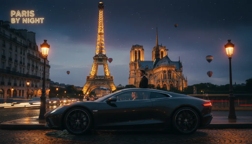 Une vue panoramique d'une balade en voiture au crépuscule dans Paris, mettant en valeur des monuments illuminés comme la Tour Eiffel et la cathédrale Notre-Dame. Au premier plan, une voiture élégante et moderne est garée dans une rue magnifiquement éclairée, dont le bitume se reflète avec éclat. Au second plan, l'architecture parisienne emblématique baigne dans une douce lumière dorée, créant une atmosphère accueillante. L'arrière-plan révèle un ciel clair au crépuscule, laissant place à la nuit profonde, où les étoiles scintillantes et la douce lueur des lampadaires ajoutent au charme de la ville. L'image se veut cinématographique, avec une attention particulière portée aux textures détaillées, capturées en résolution 8K, et un éclairage dramatique qui évoque un sentiment de romantisme et d'aventure dans la Ville Lumière. Une vue panoramique d'une balade en voiture au crépuscule dans Paris, mettant en valeur des monuments illuminés comme la Tour Eiffel et la cathédrale Notre-Dame. Au premier plan, une voiture élégante et moderne est garée dans une rue magnifiquement éclairée, dont le bitume se reflète avec éclat. Au second plan, l'architecture parisienne emblématique baigne dans une douce lumière dorée, créant une atmosphère accueillante. L'arrière-plan révèle un ciel clair au crépuscule, laissant place à la nuit profonde, où les étoiles scintillantes et la douce lueur des lampadaires ajoutent au charme de la ville. L'image se veut cinématographique, avec une attention particulière portée aux textures détaillées, capturées en résolution 8K, et un éclairage dramatique qui évoque un sentiment de romantisme et d'aventure dans la Ville Lumière.