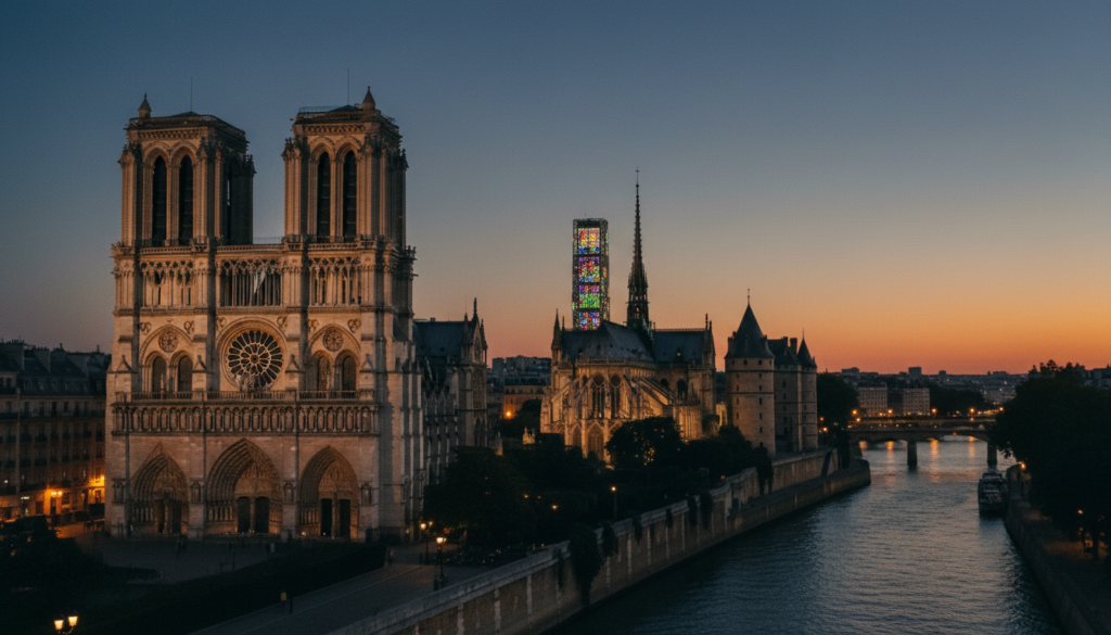 A scenic view of ancient and medieval historical attractions in Paris, featuring the majestic Notre-Dame Cathedral in the foreground, its intricate Gothic architecture bathed in warm, golden sunlight. In the middle ground, the historic Sainte-Chapelle with its stunning stained-glass windows contrasts against the blue sky, while the medieval walls of the Conciergerie provide a sense of history. In the background, glimpses of the Seine River can be seen, reflecting the light of a tranquil sunset. The scene is captured with a shallow depth of field to emphasize the textures of the stone and vibrant colors of the buildings. The mood is serene and nostalgic, evoking the rich history of Paris, with cinematic lighting enhancing the intricate details, presented in high-resolution 8k quality.