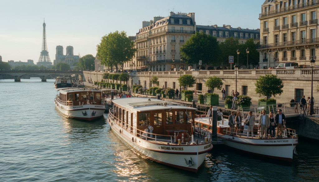 Kyakkyawan kallon wuraren tashi a bakin kogin Seine, wanda ke mai da hankali kan kyawawan wuraren hawa tare da kyawawan tashoshin jiragen ruwa na katako. Ɗauki rana mai haske da rana, tare da hasken silima mai laushi wanda ke ƙara wa ruwan rawa. A gaba, nuna wasu jiragen ruwa na yawon buɗe ido, suna nuna kyawawan ƙirarsu da kuma yanayi mai kyau, suna shawagi a hankali a kan ruwa. Tsakiyar wurin ya kamata ya ƙunshi wurare masu kyau na hawa da aka ƙawata da kyawawan kayan lambu da gine-ginen Paris, yayin da fasinjoji cikin tufafi masu sauƙi ke shirin yin tafiyarsu, suna nuna farin ciki. A bango, manyan wuraren tarihi kamar Hasumiyar Eiffel da Cathedral ta Notre-Dame suna da duhu a hankali, suna ƙara wa yanayin birnin Paris mai ban sha'awa. Hoton ya kamata ya kasance cikin babban ma'ana, tare da cikakkun bayanai, yana jaddada ɗumi da walwalar rana mai kyau ta Seine.