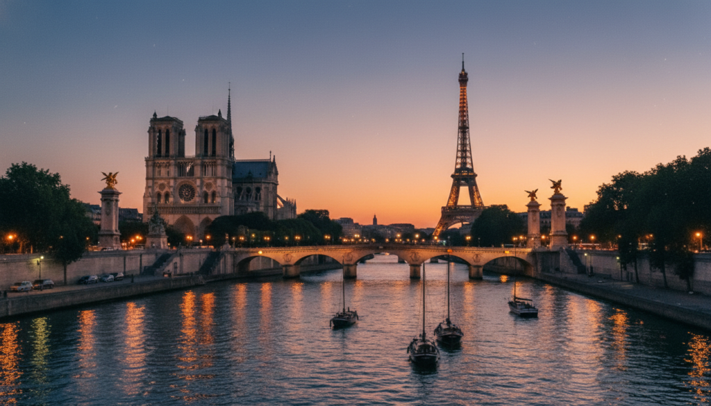 Kyakkyawan kallon wuraren tarihi masu ban sha'awa a bakin kogin Seine da ke birnin Paris a lokacin faɗuwar rana. A gaba, ruwan da ke cikin nutsuwa yana nuna lemu mai dumi da ruwan hoda, tare da ƙananan jiragen ruwa kaɗan suna shawagi a hankali. Tsakiyar ƙasa tana da manyan gine-gine kamar Cathedral na Notre-Dame, hasumiyai biyunta sun shahara, tare da gadoji masu kyau da ke kan kogin, kamar Pont Alexandre III da aka ƙawata da gumakan zinariya masu ado. A bango, Hasumiyar Eiffel tana hawa sama, an yi mata siffa mai kama da wani ɓangare a kan wani yanayi mai duhu. Yanayin yana da soyayya da natsuwa, wanda aka haɓaka ta hanyar hasken sinima mai laushi wanda ke haskaka cikakkun bayanai na gine-ginen. Hoton yana ɗaukar kyau da kyawun birnin Paris, yana haifar da sha'awar yawo da natsuwa. An ɗauki hoton a cikin ƙudurin 8k don haske da cikakkun bayanai.