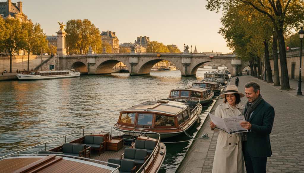 A scenic view of the Seine River in Paris during golden hour, showcasing a collection of stylish boats lined up, ready for tourists. In the foreground, a well-dressed couple, casually browsing a brochure titled "Boat Tours," exuding excitement and curiosity. Behind them, the graceful arches of a historic bridge reflect in the calm waters. Lush trees frame the scene, enhancing the feeling of tranquility. The background captures iconic Parisian architecture, gently illuminated by soft, warm light, creating an inviting atmosphere. The image should be rendered in stunning 8k resolution, emphasizing the highly detailed textures of the river and boats with cinematic lighting, evoking a sense of adventure and romance associated with exploring Paris from the water. A scenic view of the Seine River in Paris during golden hour, showcasing a collection of stylish boats lined up, ready for tourists. In the foreground, a well-dressed couple, casually browsing a brochure titled "Boat Tours," exuding excitement and curiosity. Behind them, the graceful arches of a historic bridge reflect in the calm waters. Lush trees frame the scene, enhancing the feeling of tranquility. The background captures iconic Parisian architecture, gently illuminated by soft, warm light, creating an inviting atmosphere. The image should be rendered in stunning 8k resolution, emphasizing the highly detailed textures of the river and boats with cinematic lighting, evoking a sense of adventure and romance associated with exploring Paris from the water.