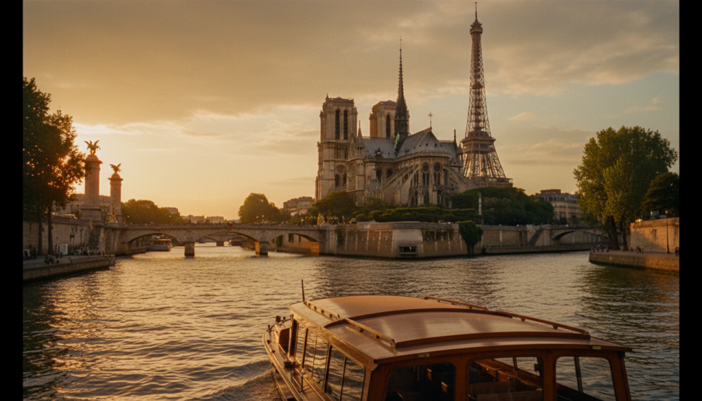 A scenic view of the Seine River in Paris, featuring iconic landmarks from a boat's perspective. In the foreground, gentle ripples reflect the dynamic light of the setting sun. The middle ground showcases the magnificent Notre-Dame Cathedral with its detailed Gothic architecture, alongside the historic bridges like Pont Alexandre III adorned with golden sculptures. The distant background includes the Eiffel Tower piercing the sky, framed by lush trees along the riverbank. Create a warm, inviting atmosphere with soft golden hues illuminating the scene, emphasizing the romantic essence of Paris. Capture this moment with a cinematic lens perspective, ensuring highly detailed textures, all presented in stunning 8k resolution. A scenic view of the Seine River in Paris, featuring iconic landmarks from a boat's perspective. In the foreground, gentle ripples reflect the dynamic light of the setting sun. The middle ground showcases the magnificent Notre-Dame Cathedral with its detailed Gothic architecture, alongside the historic bridges like Pont Alexandre III adorned with golden sculptures. The distant background includes the Eiffel Tower piercing the sky, framed by lush trees along the riverbank. Create a warm, inviting atmosphere with soft golden hues illuminating the scene, emphasizing the romantic essence of Paris. Capture this moment with a cinematic lens perspective, ensuring highly detailed textures, all presented in stunning 8k resolution.