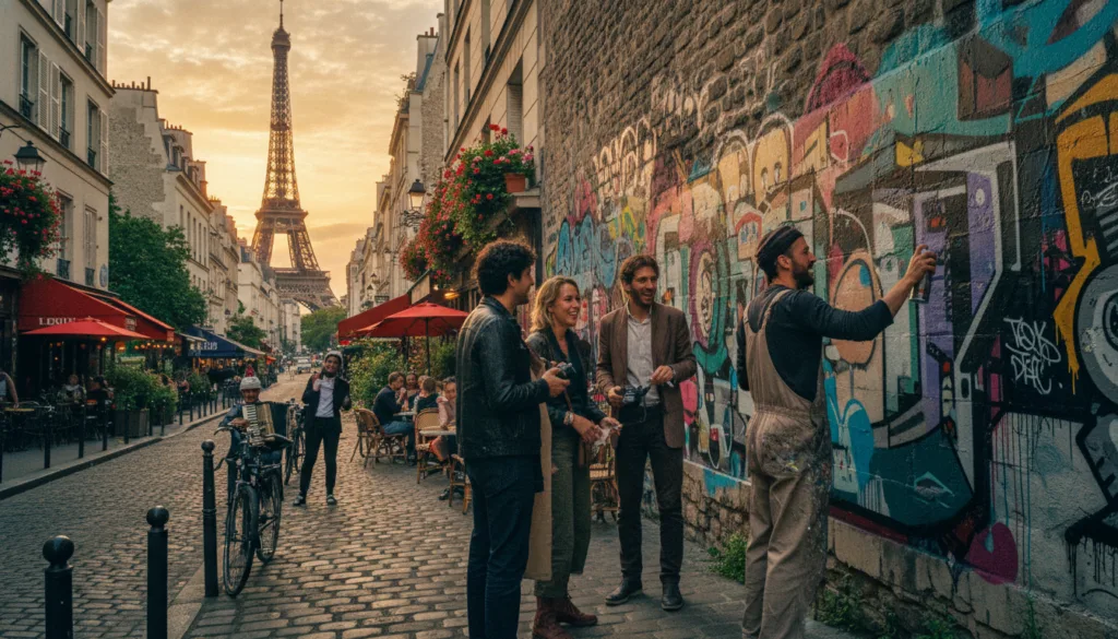Una vista panorámica que muestra experiencias únicas y especiales en París, con un enfoque en un recorrido íntimo por el arte callejero. En primer plano, un pequeño grupo de personas, vestidas con ropa informal pero elegante, interactúa con un artista local mientras crea vibrantes murales en un muro histórico. En el plano medio se encuentran pintorescas calles parisinas, bordeadas de encantadores cafés y coloridas jardineras, con artistas callejeros que entretienen a los transeúntes. Al fondo, la icónica silueta de la Torre Eiffel se alza contra el cielo del atardecer, proyectando cálidos tonos dorados sobre la escena. Captura este momento con una calidad fotográfica natural, con iluminación cinematográfica y texturas altamente detalladas que realzan la atmósfera de creatividad y riqueza cultural, todo en una impresionante resolución de 8k.