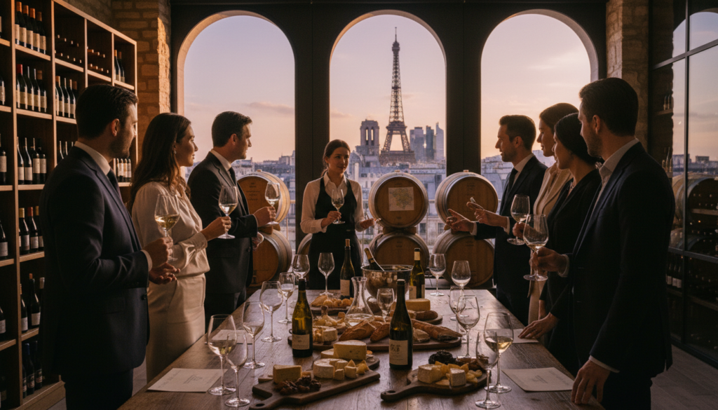 A scenic wine tasting tour in Paris featuring a diverse group of elegantly dressed individuals in professional attire, enjoying fine wines from various French wine regions, such as Bordeaux, Burgundy, and Champagne. In the foreground, a beautifully arranged wine tasting table displays exquisite wine glasses, elegant decanters, and local cheese pairings. The middle ground captures the relaxed ambiance of a chic Parisian wine cellar, adorned with wooden barrels and shelves lined with wine bottles. In the background, large windows offer a panoramic view of Parisian landmarks, bathed in warm, cinematic lighting. The overall mood is inviting and sophisticated, evoking the appreciation of French winemaking heritage. The image should be highly detailed with 8k resolution, emphasizing rich textures and vibrant colors. A scenic wine tasting tour in Paris featuring a diverse group of elegantly dressed individuals in professional attire, enjoying fine wines from various French wine regions, such as Bordeaux, Burgundy, and Champagne. In the foreground, a beautifully arranged wine tasting table displays exquisite wine glasses, elegant decanters, and local cheese pairings. The middle ground captures the relaxed ambiance of a chic Parisian wine cellar, adorned with wooden barrels and shelves lined with wine bottles. In the background, large windows offer a panoramic view of Parisian landmarks, bathed in warm, cinematic lighting. The overall mood is inviting and sophisticated, evoking the appreciation of French winemaking heritage. The image should be highly detailed with 8k resolution, emphasizing rich textures and vibrant colors.