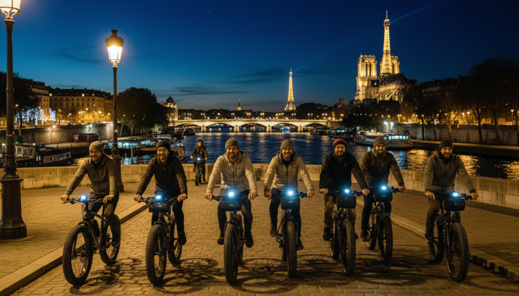 A serene nighttime scene of a fat bike tour along the illuminated Seine riverbank in Paris. In the foreground, a diverse group of individuals in modest casual clothing rides fat bikes, their smiles reflecting excitement. The middle ground features the gently flowing Seine, with its surface shimmering under the glow of nearby streetlamps and fairy lights strung along the riverbank. Iconic landmarks like the Eiffel Tower and Notre-Dame silhouette against the night sky, enhancing the Parisian atmosphere. The background showcases a starry sky, softly lit by the warm hues of the city lights. Capture this moment with cinematic lighting and highly detailed textures, maintaining an 8k resolution for a lifelike impression. The mood is vibrant and adventurous, inviting viewers to experience the charm of Paris at night.