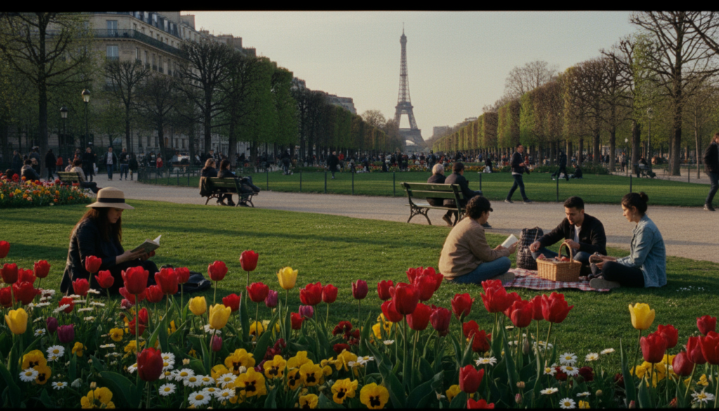 A serene park scene in Paris featuring lush greenery, blooming flowers, and gracefully winding pathways. In the foreground, a vibrant flowerbed with colorful tulips and daisies, surrounded by well-maintained lawns where visitors of diverse backgrounds enjoy leisure activities, such as reading and picnicking. In the middle ground, a group of people casually strolling along a tree-lined path, some sitting on benches, absorbing the tranquility. The background showcases iconic Parisian architecture peeking through the foliage, and the Eiffel Tower faintly visible in the distance. Captured in raw photograph style with cinematic lighting that casts soft shadows, highlighting highly detailed textures of leaves and blossoms, in an 8k resolution, evoking a peaceful and inviting atmosphere. A serene park scene in Paris featuring lush greenery, blooming flowers, and gracefully winding pathways. In the foreground, a vibrant flowerbed with colorful tulips and daisies, surrounded by well-maintained lawns where visitors of diverse backgrounds enjoy leisure activities, such as reading and picnicking. In the middle ground, a group of people casually strolling along a tree-lined path, some sitting on benches, absorbing the tranquility. The background showcases iconic Parisian architecture peeking through the foliage, and the Eiffel Tower faintly visible in the distance. Captured in raw photograph style with cinematic lighting that casts soft shadows, highlighting highly detailed textures of leaves and blossoms, in an 8k resolution, evoking a peaceful and inviting atmosphere.