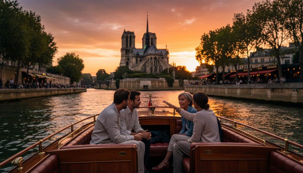 A serene private guided experience on the Seine River in Paris, showcasing a stylish boat cruising gently past iconic landmarks. In the foreground, a small group of travelers dressed in modest casual clothing engages with a knowledgeable guide, pointing out sights. The scene captures the intricate details of the boat, with polished wood accents and comfortable seating. In the middle ground, the majestic silhouette of Notre-Dame Cathedral rises against a brilliant sunset, casting warm reflections on the water's surface. The background features charming riverside cafes and tree-lined walkways, softened by the golden hour light. The atmosphere is intimate and inviting, hinting at the magic of evening in Paris. Captured in high detail with cinematic lighting and 8k resolution, showcasing textures of the water and architecture. A serene private guided experience on the Seine River in Paris, showcasing a stylish boat cruising gently past iconic landmarks. In the foreground, a small group of travelers dressed in modest casual clothing engages with a knowledgeable guide, pointing out sights. The scene captures the intricate details of the boat, with polished wood accents and comfortable seating. In the middle ground, the majestic silhouette of Notre-Dame Cathedral rises against a brilliant sunset, casting warm reflections on the water's surface. The background features charming riverside cafes and tree-lined walkways, softened by the golden hour light. The atmosphere is intimate and inviting, hinting at the magic of evening in Paris. Captured in high detail with cinematic lighting and 8k resolution, showcasing textures of the water and architecture.