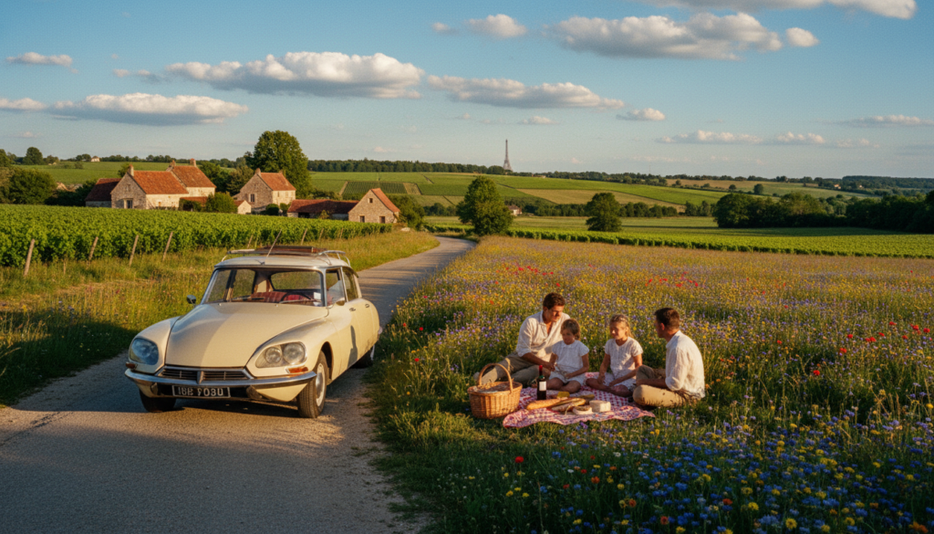 O scenă senină care surprinde excursii de o zi din Paris către destinații rurale pitorești. În prim-plan, o mașină de epocă fermecătoare parcată de-a lungul unui drum șerpuitor, cu o familie îmbrăcată în haine casual modeste care se bucură de un picnic pe o pătură de picnic, înconjurată de flori sălbatice vibrante. La mijloc, dealuri verzi line, împodobite cu mici podgorii și căsuțe pitorești, evocând un sentiment de liniște. Fundalul prezintă un cer cerulian strălucitor, presărat cu nori albi pufoși, iar silueta Turnului Eiffel este slab vizibilă în depărtare. Scena este scăldată într-o lumină caldă, aurie, care sporește texturile naturii și creează o atmosferă cinematografică. Capturată la o rezoluție uimitoare de 8k, cu accent pe texturi bogate și detaliate, invocând un sentiment de aventură și relaxare în peisajul rural francez.