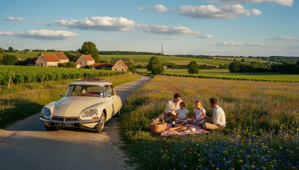 Una escena serena que captura excursiones de un día desde París a pintorescos destinos rurales. En primer plano, un encantador coche clásico aparcado junto a una carretera sinuosa, con una familia vestida con ropa informal y discreta disfrutando de un picnic sobre una manta, rodeada de vibrantes flores silvestres. En segundo plano, ondulantes colinas verdes adornadas con pequeños viñedos y pintorescas casas de campo, evocan una sensación de tranquilidad. El fondo presenta un cielo azul brillante, salpicado de suaves nubes blancas, y la silueta de la Torre Eiffel apenas visible en la distancia. La escena está bañada por la cálida luz dorada de la hora dorada, que realza las texturas de la naturaleza y crea una atmósfera cinematográfica. Capturada en una impresionante resolución de 8k con un enfoque en texturas ricas y detalladas, evocando una sensación de aventura y relajación en la campiña francesa.