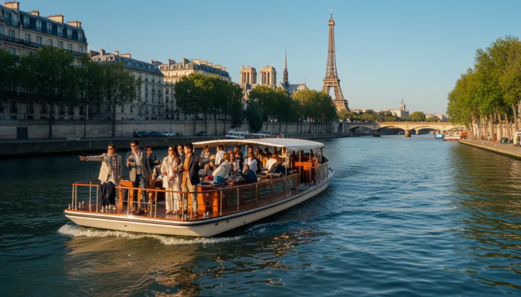 Une scène sereine de croisières quotidiennes sur la Seine à Paris : un élégant bateau glisse doucement sur les eaux tranquilles. Au premier plan, des touristes d'horizons divers, vêtus de tenues printanières décontractées, contemplent le magnifique paysage et désignent les monuments emblématiques. Au second plan, l'architecture parisienne historique borde les rives, contrastant avec la végétation luxuriante. À l'arrière-plan, la célèbre Tour Eiffel se dresse majestueusement sur un ciel d'un bleu limpide, baignée par la douce lumière du soleil de fin d'après-midi. Capturez les moindres détails en résolution 8K, avec un éclairage cinématographique sublimant les reflets sur la Seine et projetant des ombres délicates. L'atmosphère générale doit évoquer un sentiment de calme, d'aventure et le charme intemporel de la vie parisienne, en toute saison.