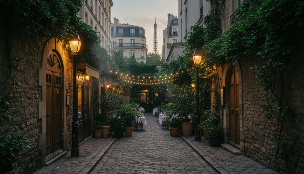 A serene scene of navigating covered passages and unmarked courtyards in Paris, showcasing cobblestone paths lined with ivy-covered walls and charming vintage lampposts. In the foreground, a narrow passage is adorned with small, inviting doorways leading to hidden eateries, their aromas wafting through the air. In the middle ground, a hidden courtyard bursts with vibrant greenery, picturesque tables set for outdoor dining under delicate string lights. The background reveals the soft glow of dusk settling over classic Parisian architecture, with a hint of the Eiffel Tower peeking through the trees. The atmosphere is warm and inviting, captured in a raw photograph style with cinematic lighting, featuring highly detailed textures and an 8k resolution that emphasizes the beauty of this hidden gastronomic paradise.