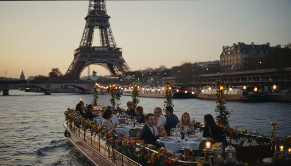A serene scene showcasing unique and themed Seine boat experiences in Paris at sunset. In the foreground, a beautifully decorated boat, adorned with string lights and vibrant flowers, cruises smoothly along the river. Passengers, dressed in smart-casual attire, enjoy a gourmet picnic, their faces lit with joy and wonder. In the middle ground, the iconic Eiffel Tower looms majestically, embellished with soft glowing lights reflecting on the water’s surface. The background features historic Parisian buildings, their architectural details captured in stunning, highly detailed textures. Cinematic lighting casts a warm, golden hue over the entire scene, conveying a romantic and inviting atmosphere. The image is framed with a shallow depth of field, emphasizing the boat while creating a soft blur of the captivating Parisian landscape. 8k resolution for exceptional clarity. A serene scene showcasing unique and themed Seine boat experiences in Paris at sunset. In the foreground, a beautifully decorated boat, adorned with string lights and vibrant flowers, cruises smoothly along the river. Passengers, dressed in smart-casual attire, enjoy a gourmet picnic, their faces lit with joy and wonder. In the middle ground, the iconic Eiffel Tower looms majestically, embellished with soft glowing lights reflecting on the water’s surface. The background features historic Parisian buildings, their architectural details captured in stunning, highly detailed textures. Cinematic lighting casts a warm, golden hue over the entire scene, conveying a romantic and inviting atmosphere. The image is framed with a shallow depth of field, emphasizing the boat while creating a soft blur of the captivating Parisian landscape. 8k resolution for exceptional clarity.
