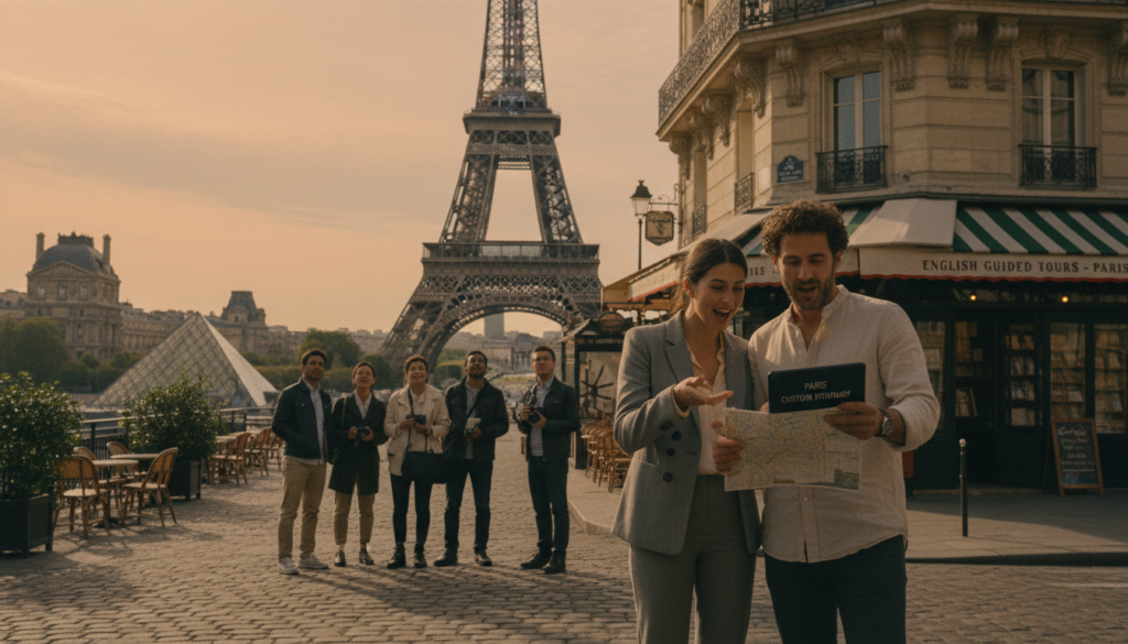 A serene view capturing a private English tour in Paris, showcasing a small, diverse group of tourists exploring iconic landmarks like the Eiffel Tower and the Louvre. In the foreground, two individuals dressed in professional casual clothing, animatedly discussing their personalized itinerary. The middle ground features elegant Parisian architecture, including quaint cafes and historic buildings, hinting at custom experiences available on the tour. The background presents the Paris skyline under a soft, golden hour glow, creating a warm and inviting atmosphere. The composition should have a cinematic feel, with rich textures and high detail in 8k resolution, highlighting the beauty of Paris as a desirable destination for private English tours.