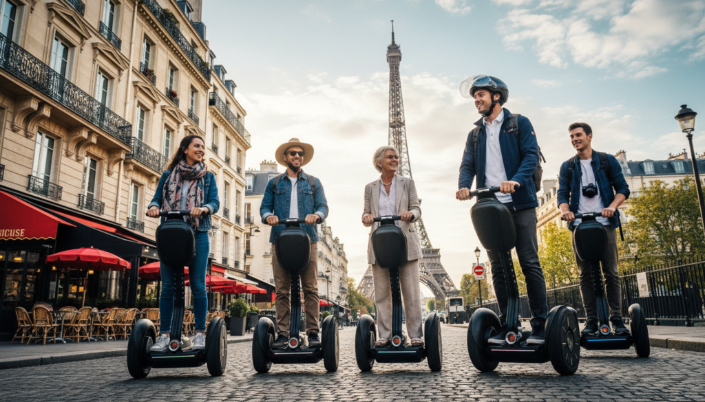 A small group of diverse tourists on a segway tour in Paris, guided by a licensed tour guide. In the foreground, show the tourists, dressed in casual, yet stylish attire, eagerly following the guide, who wears a professional outfit and helmet. The segways are sleek and modern, reflecting the excitement of the experience. In the middle ground, capture iconic Parisian architecture, such as ornate buildings and charming cafes, while the Eiffel Tower looms gracefully in the background, bathed in soft morning light. Use a wide-angle lens to emphasize the vibrant atmosphere, with cinematic lighting that creates a warm, inviting mood. The image should be highly detailed, showcasing textures and colors, in stunning 8k resolution. A small group of diverse tourists on a segway tour in Paris, guided by a licensed tour guide. In the foreground, show the tourists, dressed in casual, yet stylish attire, eagerly following the guide, who wears a professional outfit and helmet. The segways are sleek and modern, reflecting the excitement of the experience. In the middle ground, capture iconic Parisian architecture, such as ornate buildings and charming cafes, while the Eiffel Tower looms gracefully in the background, bathed in soft morning light. Use a wide-angle lens to emphasize the vibrant atmosphere, with cinematic lighting that creates a warm, inviting mood. The image should be highly detailed, showcasing textures and colors, in stunning 8k resolution.