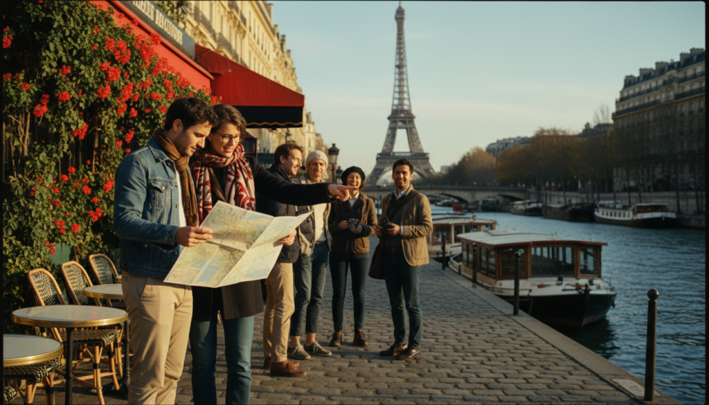 A small group of tourists in professional casual attire, joyfully exploring iconic Paris landmarks. In the foreground, a couple closely examines a map while standing beside a classic Parisian café, adorned with lush green foliage and colorful flowers. In the middle ground, a local guide points towards the Eiffel Tower in the distance, with other tourists engaged in lively conversation. The background features the Seine River, bustling with elegant boats, and the majestic architecture of Parisian buildings bathed in warm, golden sunlight. Capture the atmosphere of camaraderie and discovery with cinematic lighting. Use a shallow depth of field to focus on the group while maintaining the grandeur of the scenery. Create a highly detailed 8k resolution image that evokes a sense of adventure and intimacy in sightseeing. A small group of tourists in professional casual attire, joyfully exploring iconic Paris landmarks. In the foreground, a couple closely examines a map while standing beside a classic Parisian café, adorned with lush green foliage and colorful flowers. In the middle ground, a local guide points towards the Eiffel Tower in the distance, with other tourists engaged in lively conversation. The background features the Seine River, bustling with elegant boats, and the majestic architecture of Parisian buildings bathed in warm, golden sunlight. Capture the atmosphere of camaraderie and discovery with cinematic lighting. Use a shallow depth of field to focus on the group while maintaining the grandeur of the scenery. Create a highly detailed 8k resolution image that evokes a sense of adventure and intimacy in sightseeing.