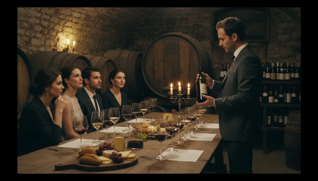 Isang sommelier na nakasuot ng pasadyang suit na eleganteng gumagabay sa isang sesyon ng pagtikim ng alak sa isang makasaysayang silong sa Paris. Sa harapan, isang mesa na gawa sa kahoy na pinalamutian ng iba't ibang baso ng alak, bawat isa ay puno ng iba't ibang kulay ng pula at puting alak, kasama ang artisanal na tinapay at keso. Hawak ng sommelier ang isang bote ng alak, ipinapakita ito sa isang maliit na grupo ng mga panauhing may eleganteng pananamit, ang kanilang mga ekspresyon ay sumasalamin sa intriga at kasiyahan. Sa gitna, ang mga sinaunang pader na bato ay may linya na mga bariles na gawa sa kahoy, kumikislap na liwanag ng kandila na lumilikha ng isang mainit at nakakaengganyong ambiance. Tampok sa background ang mga madilim na istante na puno ng iba't ibang bote ng alak, na nagbibigay-diin sa mayamang kasaysayan ng silong. Pinahuhusay ng cinematic lighting ang mga texture, na nakatuon sa sommelier at mga bisita, na lumilikha ng isang intimate at sopistikadong kapaligiran. 8k resolution para sa napakagandang detalye.