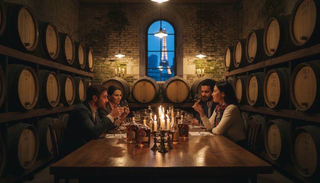 Une dégustation de cognac raffinée en groupe, dans une élégante cave parisienne. Au premier plan, une table de dégustation en bois, ornée de bouteilles de cognac et de verres en cristal, reflète la douce lueur des bougies. Quatre professionnels, vêtus d'une tenue décontractée chic, échangent avec animation, leurs expressions trahissant plaisir et curiosité. Au second plan, des étagères garnies de vieux fûts de cognac sont baignées d'une lumière tamisée qui sublime les riches nuances ambrées des spiritueux. À l'arrière-plan, un mur de briques anciennes aux ombres douces ajoute de la profondeur, tandis qu'une fenêtre laisse entrevoir la silhouette emblématique de Paris. La scène capture l'atmosphère intime d'une dégustation raffinée, évoquant sophistication et charme, grâce à une qualité photographique brute, un éclairage cinématographique et des textures d'une grande précision en résolution 8K.