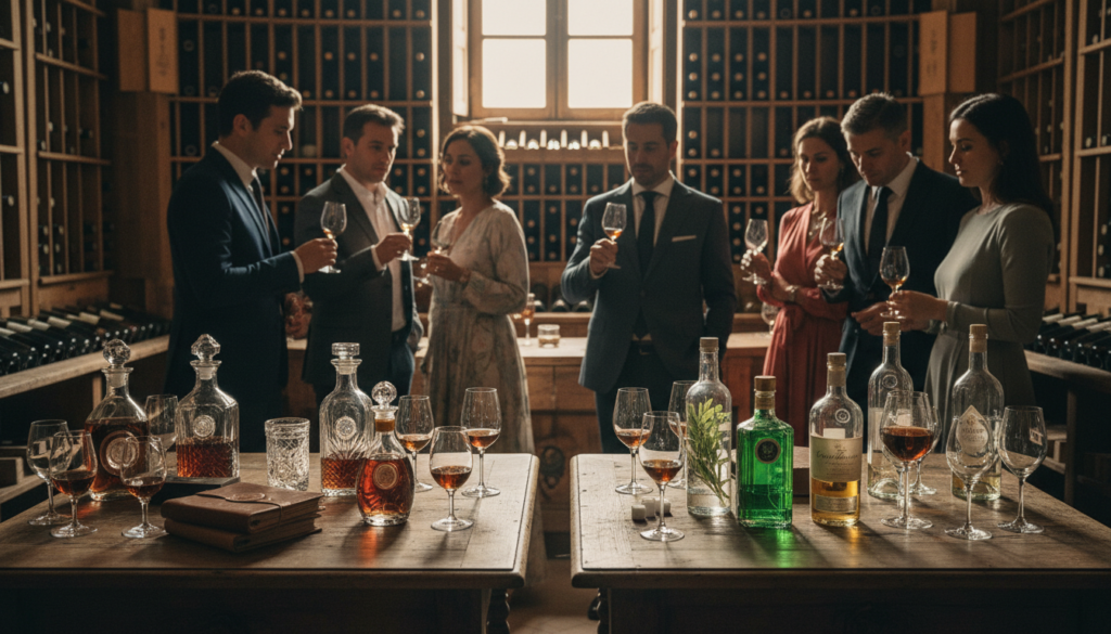 Izsmalcināta aina, kurā salīdzināti Parīzes stiprie alkoholiskie dzērieni un konjaka tūres, iekārtota elegantā vīna pagrabā, kas rotāts ar greznām koka mucām un sarežģītiem stikla displejiem. Priekšplānā uzmanība pievērsta diviem skaisti izvietotiem degustācijas galdiem, vienā no kuriem ir izstādīta augstākās kvalitātes konjaku izlase ar greznām dekanteriem un kristāla glāzēm, bet otrā – dažādi amatnieciski stiprie alkoholiskie dzērieni, piemēram, džins un absints. Vidusposmā redzama labi ģērbtu cilvēku grupa, kas iesaistīta degustācijas sesijā, viņu sejas izteiksmes ir uzmanīgas un zinātkāras. Fonā redzams maigs, atmosfērisks apgaismojums, kas filtrējas cauri vintage vīna plauktiem, radot siltu, aicinošu noskaņu. Kompozīcija ir uzņemta kinematogrāfiskā leņķī, uzsverot stipro alkoholisko dzērienu tekstūras un izsmalcināto vidi, un tā tiek attēlota satriecošā 8k izšķirtspējā, lai iegūtu bagātīgas detaļas.