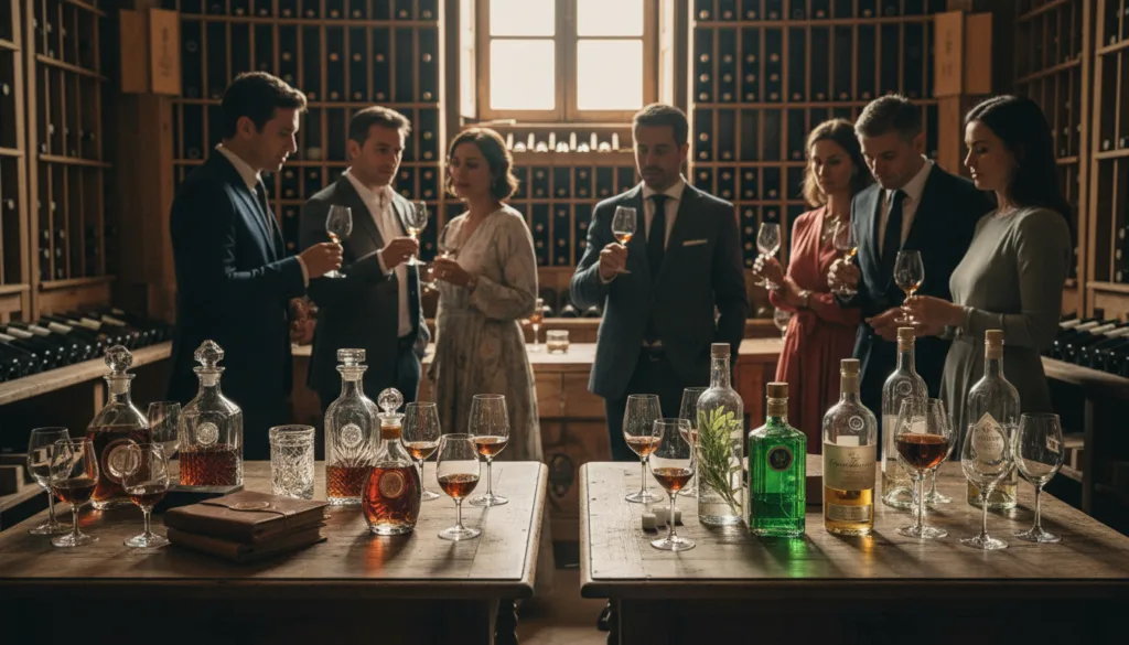 Une scène raffinée, comparant les visites de caves à cognac et de spiritueux parisiens, se déroule dans une élégante cave à vin ornée de riches fûts de bois et de vitrines en verre finement travaillées. Au premier plan, deux tables de dégustation superbement disposées attirent le regard&nbsp;: l’une présente une sélection de cognacs d’exception dans des carafes ouvragées et des verres en cristal, tandis que l’autre propose un éventail de spiritueux artisanaux tels que le gin et l’absinthe. Au second plan, un groupe de visiteurs élégants, absorbés par une dégustation, affiche une curiosité mêlée d’attention. En arrière-plan, une douce lumière tamisée par des casiers à vin anciens crée une atmosphère chaleureuse et accueillante. La composition, filmée avec un angle cinématographique, met en valeur la texture des spiritueux et le raffinement du lieu, le tout présenté en résolution 8K pour une richesse de détails exceptionnelle.