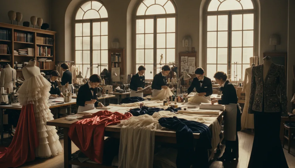 Un vaste atelier de haute couture parisien, où règnent élégance et créativité. Au premier plan, une grande table de coupe est recouverte de tissus exquis de soie et de mousseline, entourée de mannequins élégants vêtus de créations raffinées. Au second plan, des artisans experts en tenue professionnelle cousent et dessinent avec délicatesse, absorbés par leur art. À l'arrière-plan, de grandes fenêtres laissent entrer une douce lumière naturelle qui illumine la pièce, mettant en valeur les textures et les couleurs des matières. L'atmosphère, à la fois vibrante et sereine, reflète l'univers de la haute couture et du design méticuleux. Capturez cette ambiance dans un style photographique brut, avec un éclairage cinématographique, et assurez-vous que l'image soit riche en détails et d'une grande netteté, rendue en résolution 8K.