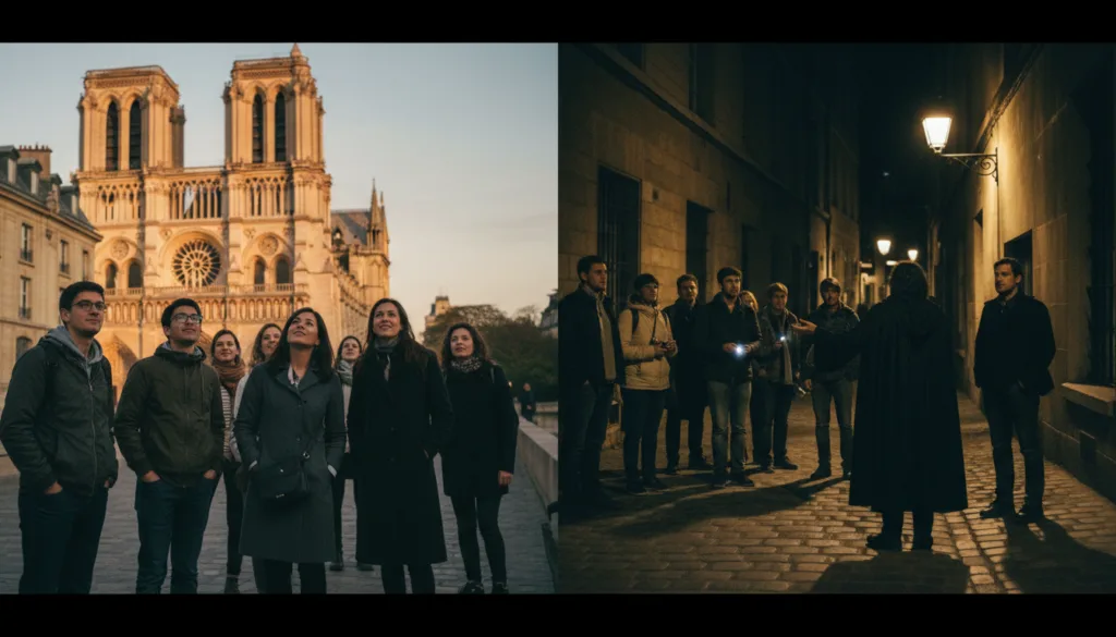 Rozdelený obrázok zobrazujúci dve kontrastné scény parížskych prehliadok duchov. Vľavo je večerná prehliadka so skupinou turistov v decentnom ležérnom oblečení, zhromaždených okolo skúseného sprievodcu pri osvetlenej katedrále Notre-Dame. Obdivujú krásnu gotickú architektúru pri západe slnka, ktoré vrhá na scénu jemné zlaté svetlo. Vpravo je scéna z neskorej nočnej prehliadky s temnejšou, tajomnou atmosférou, ktorá zobrazuje tú istú skupinu, ako objavuje tienistú uličku s dláždenými ulicami, osvetlenú iba blikajúcimi pouličnými lampami. Sprievodca v plášti gestikuluje, zatiaľ čo si rozprávajú strašidelné príbehy. Obrázok je zachytený filmovým objektívom, ktorý zdôrazňuje bohaté textúry architektúry a strašidelnú atmosféru v rozlíšení 8k, čím vytvára pútavú kompozíciu, ktorá vzbudzuje zvedavosť o prehliadkach duchov.