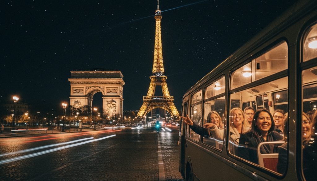 A stunning Paris night scene featuring an elegant sightseeing tour, showcasing beautifully illuminated monuments such as the Eiffel Tower and the Arc de Triomphe. In the foreground, a sleek tour bus filled with a diverse group of tourists reflects awe and excitement, dressed in modest casual clothing. The middle ground highlights the glowing landmarks against a starry sky, casting a warm, inviting light. The background includes the vibrant streets of Paris, lined with trees and historical architecture. Capture this image in a raw photograph style with cinematic lighting, emphasizing highly detailed textures at an 8k resolution. The overall mood is enchanting and joyful, infused with the romance and spirit of nighttime exploration in the City of Light. A stunning Paris night scene featuring an elegant sightseeing tour, showcasing beautifully illuminated monuments such as the Eiffel Tower and the Arc de Triomphe. In the foreground, a sleek tour bus filled with a diverse group of tourists reflects awe and excitement, dressed in modest casual clothing. The middle ground highlights the glowing landmarks against a starry sky, casting a warm, inviting light. The background includes the vibrant streets of Paris, lined with trees and historical architecture. Capture this image in a raw photograph style with cinematic lighting, emphasizing highly detailed textures at an 8k resolution. The overall mood is enchanting and joyful, infused with the romance and spirit of nighttime exploration in the City of Light.