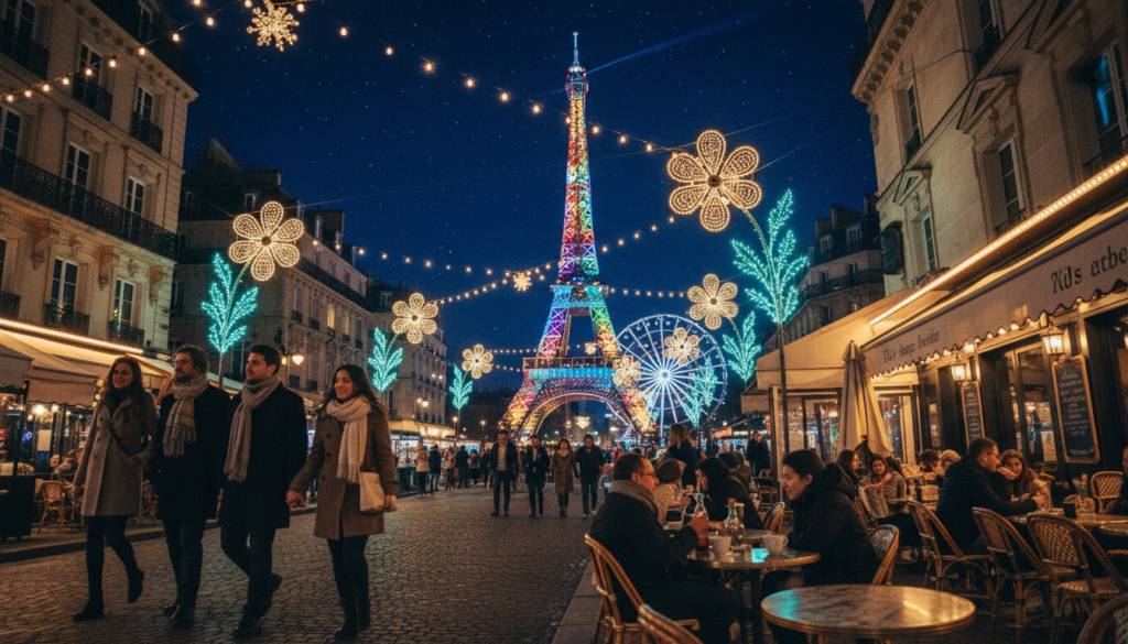 A stunning night scene in Paris featuring seasonal illuminations and special event attractions. In the foreground, elegantly dressed couples stroll along a picturesque street adorned with twinkling fairy lights and vibrant seasonal decorations. The middle ground captures iconic landmarks like the Eiffel Tower shimmering with colorful lights, surrounded by cozy cafés with patrons enjoying warm drinks. In the background, a clear night sky filled with stars casts a magical glow over the city. The image showcases dynamic angles, with a focus on the soft bokeh of the lights, creating a dreamy atmosphere. Cinematic lighting enhances the textures of the buildings and festive elements, all rendered in high detail, 8k resolution. The overall mood conveys joy, celebration, and the enchanting allure of Paris at night.