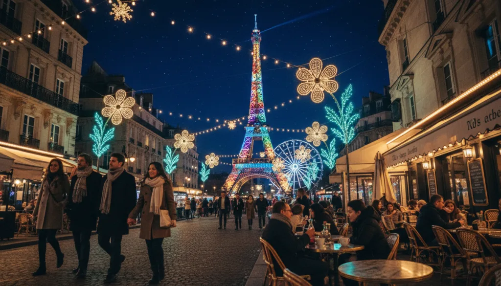 Una impresionante escena nocturna en París, con iluminaciones de temporada y atracciones para eventos especiales. En primer plano, parejas elegantemente vestidas pasean por una pintoresca calle adornada con luces de colores y vibrantes decoraciones navideñas. El plano medio captura lugares emblemáticos como la Torre Eiffel, resplandeciente de luces de colores, rodeada de acogedores cafés con clientes disfrutando de bebidas calientes. Al fondo, un cielo nocturno despejado y estrellado proyecta un brillo mágico sobre la ciudad. La imagen presenta ángulos dinámicos, con un enfoque en el suave bokeh de las luces, creando una atmósfera de ensueño. La iluminación cinematográfica realza las texturas de los edificios y los elementos festivos, todo renderizado con gran detalle y resolución 8k. La atmósfera general transmite alegría, celebración y el encanto encantador de París por la noche.