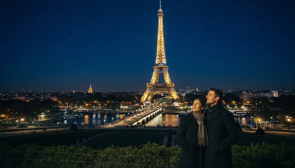 Una impresionante vista nocturna de la Torre Eiffel, brillantemente iluminada contra el horizonte parisino, captura la esencia de los recorridos nocturnos. En primer plano, una pareja vestida con ropa informal elegante contempla con asombro las brillantes luces de la torre, rodeada de una suave vegetación. En segundo plano, la Torre Eiffel se alza majestuosa, irradiando sus rayos de luz en vibrantes tonos dorados y blancos, con el río Sena reflejándose en las luces brillantes. Al fondo, el horizonte parisino, salpicado de edificios históricos bajo un cielo estrellado, crea una atmósfera romántica y encantadora. La escena fue capturada con una lente cinematográfica, con suaves efectos bokeh, y la atmósfera general transmite la magia de las exploraciones nocturnas en la Ciudad de las Luces. Fotografías en alta resolución, calidad RAW, con texturas altamente detalladas, en resolución 8k. Una impresionante vista nocturna de la Torre Eiffel, brillantemente iluminada contra el horizonte parisino, captura la esencia de los recorridos nocturnos. En primer plano, una pareja vestida con ropa informal elegante contempla con asombro las brillantes luces de la torre, rodeada de una suave vegetación. En segundo plano, la Torre Eiffel se alza majestuosa, irradiando sus rayos de luz en vibrantes tonos dorados y blancos, con el río Sena reflejándose en las luces brillantes. Al fondo, el horizonte parisino, salpicado de edificios históricos bajo un cielo estrellado, crea una atmósfera romántica y encantadora. La escena fue capturada con una lente cinematográfica, con suaves efectos bokeh, y la atmósfera general transmite la magia de las exploraciones nocturnas en la Ciudad de las Luces. Fotografías en alta resolución, calidad RAW, con texturas altamente detalladas, en resolución 8k.