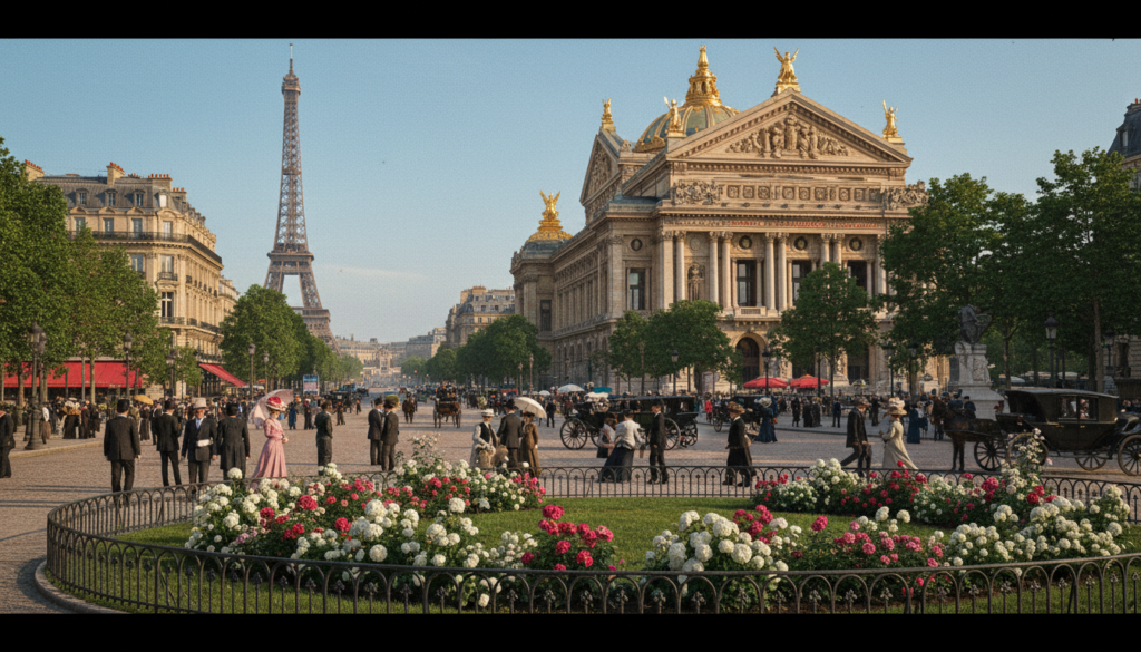A stunning view of historical attractions in Paris from the Belle Époque, showcasing grand architecture such as the ornate Palais Garnier, the intricate details of the Eiffel Tower, and the lavish Opéra Comique. In the foreground, manicured gardens with blooming flowers and elegant wrought-iron fences. In the middle ground, bustling street scenes with well-dressed individuals in professional attire, engaging leisurely along the tree-lined boulevards. The background features famous landmarks under a clear blue sky, bathed in warm, cinematic lighting that highlights the intricate textures of the buildings. Shot from a low angle to emphasize the grandeur and beauty of the architecture, in 8k resolution for highly detailed imagery, evoking a sense of nostalgia and admiration for this iconic period in Parisian history.