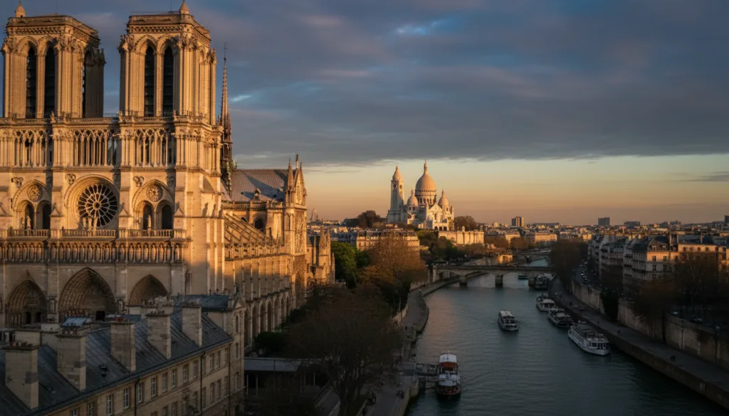 Una impresionante vista de las iglesias históricas y la arquitectura sacra de París, con la intrincada fachada de la Catedral de Notre Dame, sus icónicos arbotantes y ornamentadas esculturas en primer plano. En el plano medio se encuentra la majestuosa Basílica del Sagrado Corazón, encaramada en lo alto de Montmartre, con sus cúpulas blancas brillando suavemente bajo la cálida luz dorada del atardecer. Al fondo, la serenidad del río Sena refleja los vibrantes colores del cielo. La escena se capturó desde un ángulo ligeramente elevado, realzando la profundidad y la majestuosidad de las estructuras. La iluminación cinematográfica resalta las detalladas texturas de la mampostería, mientras que la imagen se renderiza en resolución 8k para una claridad increíble. El ambiente general es sereno y reverente, invitando al espectador a apreciar la belleza atemporal de la arquitectura sacra parisina.