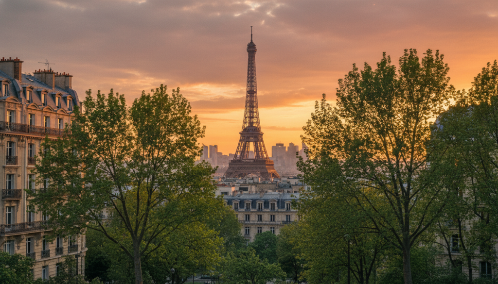 A stunning view of the Eiffel Tower among the Paris skyline, captured during the golden hour with warm, cinematic lighting. In the foreground, lush green trees gently sway in the evening breeze, framing the iconic tower. The middle ground showcases the intricate architecture of nearby classical buildings, bathed in soft, golden light. In the background, the blurred outlines of the Paris skyline rise against a vibrant sunset, with orange and pink hues blending seamlessly. The scene conveys a romantic and enchanting atmosphere, inviting viewers to explore the beauty of Paris. The image should have highly detailed textures and be in 8k resolution, resembling a raw photograph taken with a wide-angle lens, emphasizing the grandeur of this iconic landmark. A stunning view of the Eiffel Tower among the Paris skyline, captured during the golden hour with warm, cinematic lighting. In the foreground, lush green trees gently sway in the evening breeze, framing the iconic tower. The middle ground showcases the intricate architecture of nearby classical buildings, bathed in soft, golden light. In the background, the blurred outlines of the Paris skyline rise against a vibrant sunset, with orange and pink hues blending seamlessly. The scene conveys a romantic and enchanting atmosphere, inviting viewers to explore the beauty of Paris. The image should have highly detailed textures and be in 8k resolution, resembling a raw photograph taken with a wide-angle lens, emphasizing the grandeur of this iconic landmark.