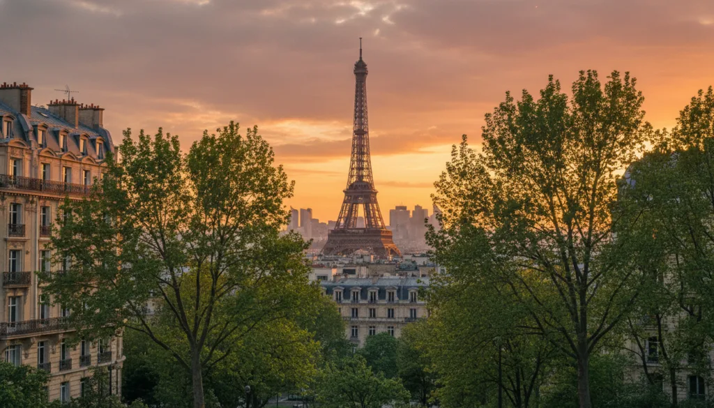 Une vue imprenable sur la Tour Eiffel se détachant sur l'horizon parisien, capturée à l'heure dorée sous une lumière chaude et cinématographique. Au premier plan, des arbres verdoyants ondulent doucement dans la brise du soir, encadrant la tour emblématique. Au second plan, l'architecture raffinée des bâtiments classiques environnants se dévoile, baignée d'une douce lumière dorée. À l'arrière-plan, les contours flous de la silhouette parisienne se détachent sur un coucher de soleil flamboyant, où se mêlent harmonieusement des teintes orangées et roses. La scène dégage une atmosphère romantique et enchanteresse, invitant le spectateur à contempler la beauté de Paris. L'image doit présenter des textures très détaillées et une résolution de 8K, à l'image d'une photographie brute prise avec un objectif grand angle, soulignant ainsi la grandeur de ce monument iconique. Une vue imprenable sur la Tour Eiffel se détachant sur l'horizon parisien, capturée à l'heure dorée sous une lumière chaude et cinématographique. Au premier plan, des arbres verdoyants ondulent doucement dans la brise du soir, encadrant la tour emblématique. Au second plan, l'architecture raffinée des bâtiments classiques environnants se dévoile, baignée d'une douce lumière dorée. À l'arrière-plan, les contours flous de la silhouette parisienne se détachent sur un coucher de soleil flamboyant, où se mêlent harmonieusement des teintes orangées et roses. La scène dégage une atmosphère romantique et enchanteresse, invitant le spectateur à contempler la beauté de Paris. L'image doit présenter des textures très détaillées et une résolution de 8K, à l'image d'une photographie brute prise avec un objectif grand angle, soulignant ainsi la grandeur de ce monument iconique.