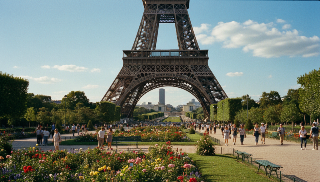 A stunning view of the Eiffel Tower, prominently placed in the foreground, surrounded by lush green gardens and vibrant flowers, capturing the essence of Paris’s beauty. In the middle ground, include elegantly designed pathways with visitors strolling leisurely, dressed in modest casual attire, enjoying the iconic landmark. The background features a clear blue sky, with soft, fluffy clouds, and the skyline of Paris subtly visible. Use cinematic lighting to create a warm, inviting atmosphere, with dappled sunlight filtering through the trees, highlighting the intricate details of the tower's iron lattice work. The image should be captured in 8k resolution, emphasizing highly detailed textures and vibrant colors, evoking a sense of joy and wonder associated with free iconic landmarks in Paris. A stunning view of the Eiffel Tower, prominently placed in the foreground, surrounded by lush green gardens and vibrant flowers, capturing the essence of Paris’s beauty. In the middle ground, include elegantly designed pathways with visitors strolling leisurely, dressed in modest casual attire, enjoying the iconic landmark. The background features a clear blue sky, with soft, fluffy clouds, and the skyline of Paris subtly visible. Use cinematic lighting to create a warm, inviting atmosphere, with dappled sunlight filtering through the trees, highlighting the intricate details of the tower's iron lattice work. The image should be captured in 8k resolution, emphasizing highly detailed textures and vibrant colors, evoking a sense of joy and wonder associated with free iconic landmarks in Paris.