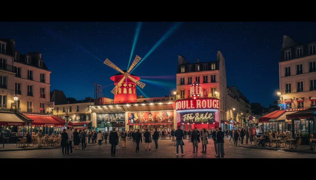 Úžasný pohľad na parížsky Moulin Rouge, zachytávajúci jeho ikonický červený veterný mlyn a zdobenú fasádu na pozadí žiarivej nočnej oblohy osvetlenej trblietavými hviezdami. V popredí je rušná ulica plná elegantne oblečených turistov, ktorí objavujú kultúrne prostredie a predstavujú zmes modernej a klasickej parížskej architektúry. Stredná vrstva zobrazuje Moulin Rouge osvetlený teplým filmovým svetlom, ktoré zdôrazňuje jeho historický a umelecký význam, zatiaľ čo farebné reflektory premietajú na budovu a vytvárajú príjemnú atmosféru. Pozadie odhaľuje očarujúce parížske ulice a kaviarne, čím umocňuje kultúrne bohatstvo scény. Obrázok vyžaruje živú, no zároveň sofistikovanú atmosféru, evokujúcu podstatu zábavy a kultúry, prezentovanú vo vysoko detailných textúrach a rozlíšení 8k.
