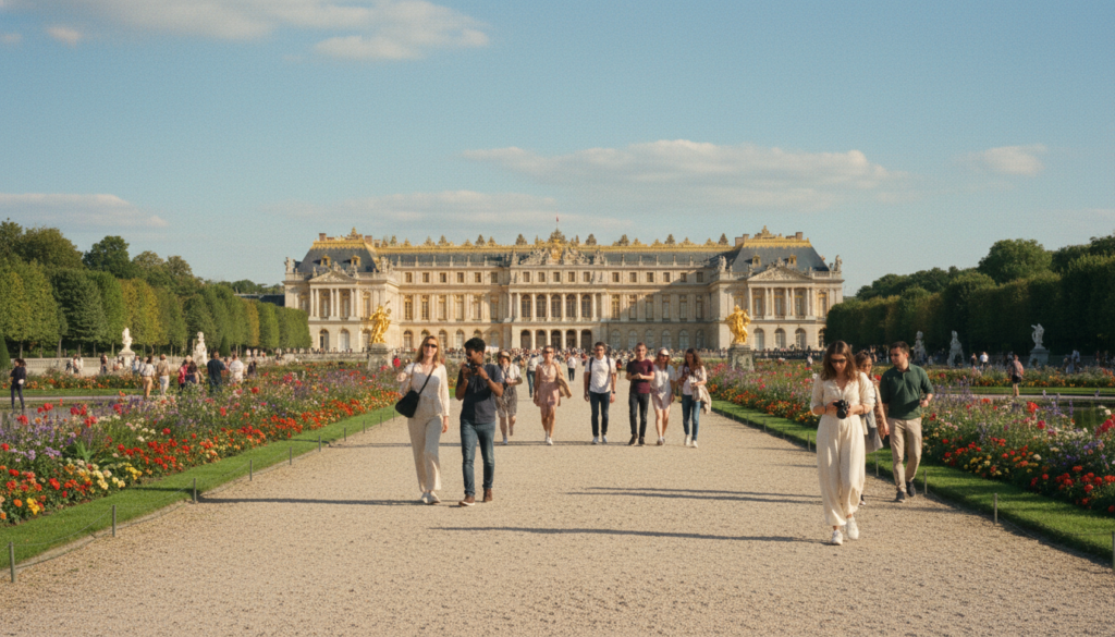 A stunning view of the Palace of Versailles showcasing its grand architecture and beautifully manicured gardens. In the foreground, a neatly arranged path leads through vibrant flowers that frame the palace, inviting visitors to explore. The middle layer features elegantly dressed tourists in modest casual clothing, immersed in the cultural experience, capturing the essence of their visit with subtle interactions and admiration of the surroundings. The background highlights the iconic palace structure with its golden accents under a bright, blue sky. The scene is illuminated by soft, cinematic lighting that enhances the textures of the building and foliage, creating a warm and inviting atmosphere. Captured in a raw photograph style, emphasizing details in 8k resolution for a lifelike effect. A stunning view of the Palace of Versailles showcasing its grand architecture and beautifully manicured gardens. In the foreground, a neatly arranged path leads through vibrant flowers that frame the palace, inviting visitors to explore. The middle layer features elegantly dressed tourists in modest casual clothing, immersed in the cultural experience, capturing the essence of their visit with subtle interactions and admiration of the surroundings. The background highlights the iconic palace structure with its golden accents under a bright, blue sky. The scene is illuminated by soft, cinematic lighting that enhances the textures of the building and foliage, creating a warm and inviting atmosphere. Captured in a raw photograph style, emphasizing details in 8k resolution for a lifelike effect.