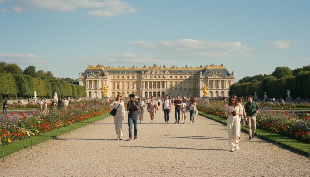 Une vue imprenable sur le château de Versailles, mettant en valeur sa majesté architecturale et ses jardins impeccablement entretenus. Au premier plan, un chemin soigneusement tracé serpente entre des fleurs éclatantes qui encadrent le palais, invitant à la flânerie. Au second plan, des touristes élégamment vêtus de tenues décontractées et discrètes, absorbés par leur visite, captent toute la magie du lieu à travers des échanges subtils et leur admiration pour les lieux. À l'arrière-plan, la structure emblématique du château, rehaussée de dorures, se détache sur un ciel d'un bleu éclatant. La scène est baignée d'une lumière douce et cinématographique qui sublime les textures du bâtiment et de la végétation, créant une atmosphère chaleureuse et accueillante. Capturée dans un style photographique brut, cette image, en résolution 8K, accentue les détails pour un rendu d'un réalisme saisissant. Une vue imprenable sur le château de Versailles, mettant en valeur sa majesté architecturale et ses jardins impeccablement entretenus. Au premier plan, un chemin soigneusement tracé serpente entre des fleurs éclatantes qui encadrent le palais, invitant à la flânerie. Au second plan, des touristes élégamment vêtus de tenues décontractées et discrètes, absorbés par leur visite, captent toute la magie du lieu à travers des échanges subtils et leur admiration pour les lieux. À l'arrière-plan, la structure emblématique du château, rehaussée de dorures, se détache sur un ciel d'un bleu éclatant. La scène est baignée d'une lumière douce et cinématographique qui sublime les textures du bâtiment et de la végétation, créant une atmosphère chaleureuse et accueillante. Capturée dans un style photographique brut, cette image, en résolution 8K, accentue les détails pour un rendu d'un réalisme saisissant.
