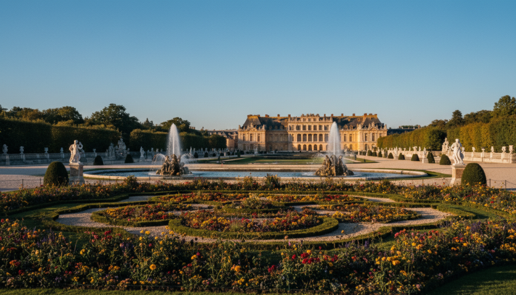 A stunning view of the Versailles gardens, showcasing the intricate arrangements of vibrant flowers and manicured hedges in the foreground. Elegant fountains with cascading water are centrally positioned, glistening under the soft golden light of a late afternoon sun. In the middle ground, a well-maintained gravel path winds through the gardens, inviting visitors to explore. Majestic statues and classical architecture, featuring ornate details, line the path, leading to the grand Chateau de Versailles in the background, bathed in a warm glow. The sky above is a clear blue, enhancing the serene and regal atmosphere. Captured with a cinematic lens at an angle that emphasizes the expansive layout and lush greenery, the image is highly detailed with rich textures, rendered in 8k resolution. A stunning view of the Versailles gardens, showcasing the intricate arrangements of vibrant flowers and manicured hedges in the foreground. Elegant fountains with cascading water are centrally positioned, glistening under the soft golden light of a late afternoon sun. In the middle ground, a well-maintained gravel path winds through the gardens, inviting visitors to explore. Majestic statues and classical architecture, featuring ornate details, line the path, leading to the grand Chateau de Versailles in the background, bathed in a warm glow. The sky above is a clear blue, enhancing the serene and regal atmosphere. Captured with a cinematic lens at an angle that emphasizes the expansive layout and lush greenery, the image is highly detailed with rich textures, rendered in 8k resolution.
